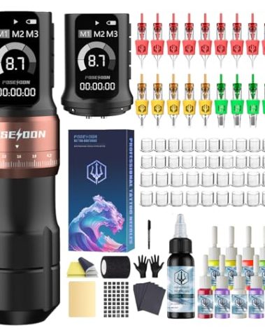 Poseidon Tattoo Gun Kit Wireless Machine Kit 7 Strokes Length with 2pcs 2300mAh Batteries Power Supply 11 Tattoo Ink 20 Pcs Tattoo Needle Cartridges for Beginner and Artist