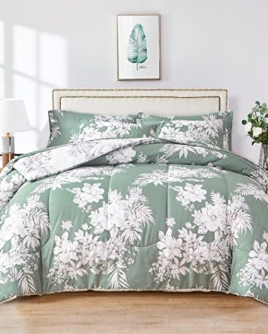 Flysheep Floral Comforter Set Twin Size for Kids, Green and White Botanical Pattern Printed Reversible Bedding Set, Ultra Soft Microfiber Breathable and Warm for All Season