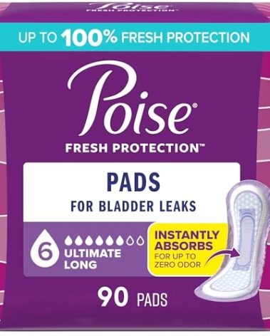Poise Incontinence & Postpartum Pads for Bladder Leaks, 6 Drop Ultimate Absorbency, Long Length, 90 Count, Packaging May Vary