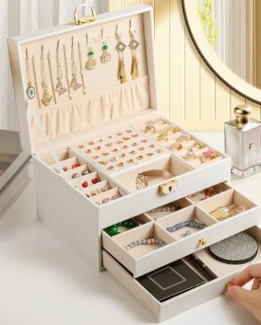 coobest 3 Layer Jewelry Box, Lockable Jewelry Holder Organizer with Jewelry Drawer, Large Jewelry Boxes & Organizer with Velvet Earring Storage, Unique Gifts for Women Mom