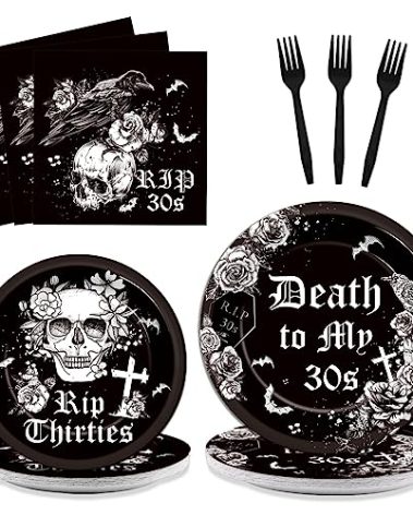 96 Pcs 40th Birthday Plates and Napkins Party Supplies Set Death To My Thirties Theme Disposable Tableware Decorations Favors for Rip To My 30s Birthday Party Funeral for My Youth for 24 Guests
