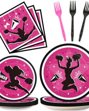 OBUSATT 96Pcs Cheerleader Party Supplies Cheerleading Paper Plates Napkins Gymnastics Party Decorations Girls' Birthday Dinnerware Party Favor Tableware Serves 24
