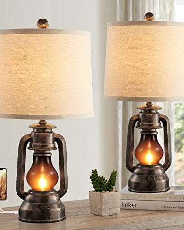 RORIANO Farmhouse Lantern Table Lamps for Living Room Set of 2, Vintage Bedroom Resin Lamp with Dual USB Charging Ports, Rustic Retro Bedside Nightstand Desk Lamp, 4 Bulb Included