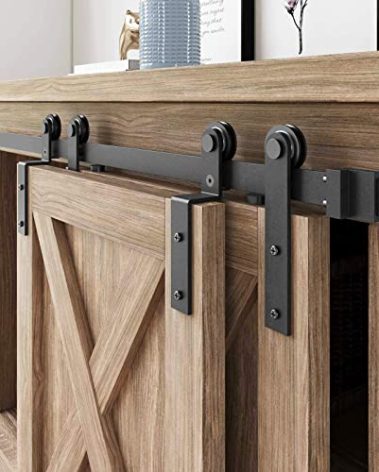 FREDBECK 6 FT Mini Cabinet Bypass Barn Door Hardware Kit Single Track 72inch Small Sliding Barn Doors Track Kit for Double Doors Storage Closet Window TV Stand Wardrobe (No Cabinet)