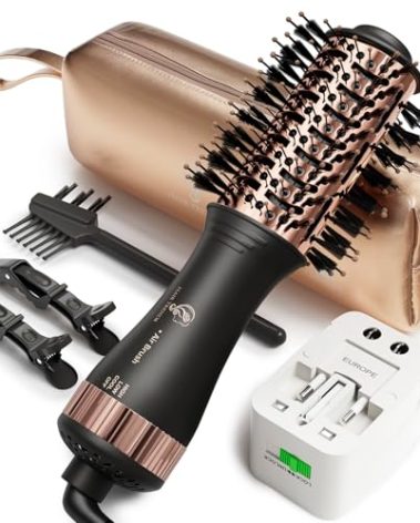 110-240V Travel Brush Hair Dryer, Small Hair Straightener Brush with European Plug Adapter for International Travel, 4 in 1 Hot Air Styler & Dryer for Drying Straightening Curling Volumizing