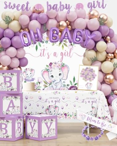 Elephant Baby Shower Decorations for Girl, Pink Purple Elephant Baby Shower Party Supplies, It's a Girl Backdrop Tablecloth Elephant Balloon Arch BABY Box Sweet Baby Girl Banner Mom to Be Sash