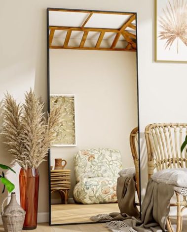 VooBang Mirror Full Length - 21" x 57" Floor Mirror with Stand, Aluminum Alloy Frame Full Body Mirror, Standing Hanging or Leaning Against Wall for Bedroom and Living Room, Black