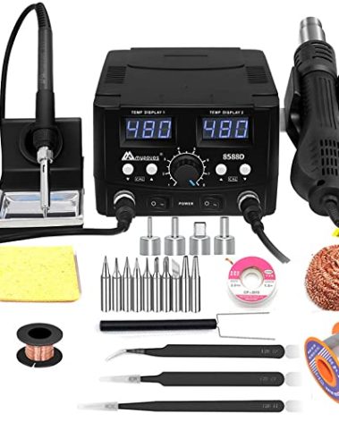 MYPOUOS 2 IN 1 750W LED Digital Soldering Station Hot Air Gun Rework Station Electric Soldering Iron For Phone PCB IC SMD BGA Welding SET 110V (8588D SET1)