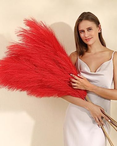 Wertuirk Red Pampas Grass Decor - 45-Inch Set of 8 | Artificial Large Pampas Grass Soft and Fluffy | Long Faux Flower | Perfect for Wedding Centerpieces, Farmhouse, Living Room Decor