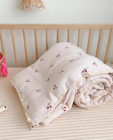 BuLuTu 1 Piece Baby Toddler Muslin Quilt Blanket 47x59 Inches, Crib Comforter Cute Cherry Print Quilted Blankets for Boys Girls Toddler Comforter, Soft Breathable, Machine Wash