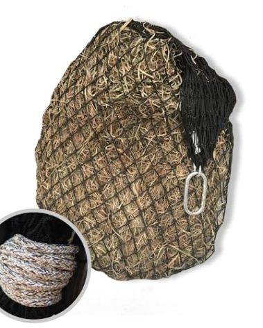 hay chix Hay Net for Horses - Heavy Duty -Slow Feed Hay Bag Feeder | Marine-Grade UV Treated Nylon | Holds 4-6 Flakes | Half Bale Net | 1 3/4" Holes | Oat Rope Color
