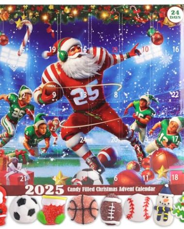 2025 Sports Advent Calendar for Boys, 24 Day Christmas Countdown with Gummies, Individually Wrapped Candy, 10.16 Ounces