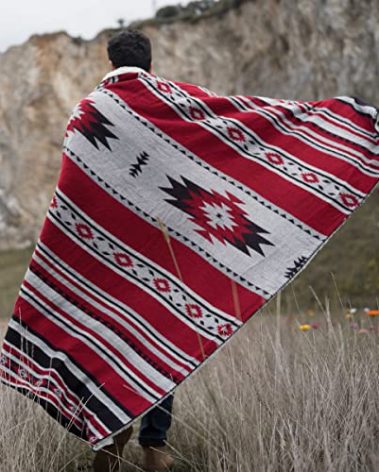 Aztec Patterned Throw Blanket with Soft Sherpa Lining, Traditional Southwestern Navajo Tribal Style Warm Throw for Camping, Outdoor, Light Weight Cozy Boho Blanket for Couch, Sofa, Bed, 60”x80”, Red
