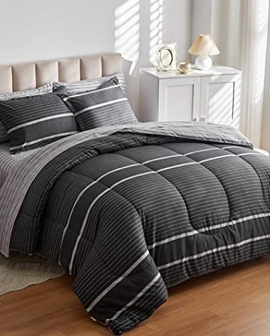 Flysheep Ombre Boho Striped Bed in a Bag 7 Pieces California King Size, White Striped on Black Dark Gray Comforter Sheet Set (1 Comforter, 1 Flat Sheet, 1 Fitted Sheet, 2 Pillow Shams, 2 Pillowcases)