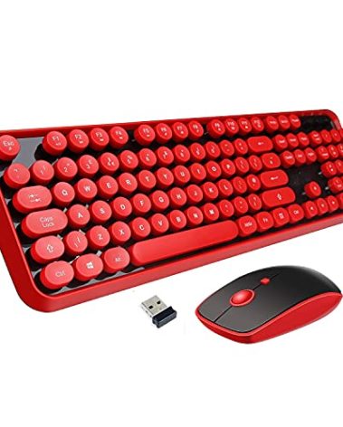 Wireless Keyboard Mouse Combo,2.4GHz Wireless Red Keyboard with 104 Round Retro Typewriter Style Key and Cute Mouse with 3 Adjustable DPI,Compatible with PC, Computer, Laptop, Desktop, Note