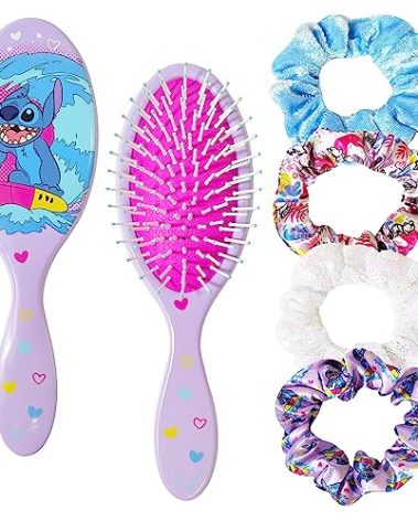 LUV HER Lilo & Stitch Hair Accessory 5 Pcs Set - 1 Regular 9 inch Stitch Hairbrush & 4 Scrunchies - Detangling Brush - Elastic Hair Ties Ropes for Girls, Ages 3+