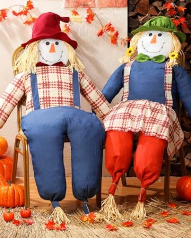 WinnerWhy 2 Pcs 64" Large Thanksgiving Scarecrow Thanksgiving Sitting Scarecrow Decoration Life Size Fall Harvest Scarecrows for Indoor Outdoor Autumn Harvest Decoration for Outside Garden Porch Decor