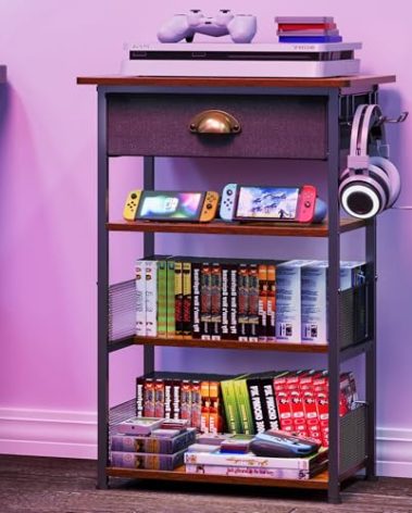 Hongtamoya 4-Tier AV Media Stand with Drawer, Video Game Console Shelf with 2 Hooks, Audio Rack Tower Perfect for/Xbox/ PS5/Switch/Game Consoles/DVD/Record Player/Projector/Sky Box/TV Accessories