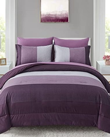 Purple Queen Bed in a Bag Comforter Set 7 Pieces Purple Striped Patchwork Bedding Set for Queen Bed, Soft Microfiber Reversible Down Alternative Comforter w/Flat Fitted Sheet, Pillowcases & Shams