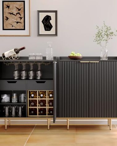 Fluted 2 Door Bar Cabinet with Drawers & Shelf, Coffee Bar Buffet Sideboards, Freestanding Liquor Cabinet with Wine Rack & Glass Holder, Black