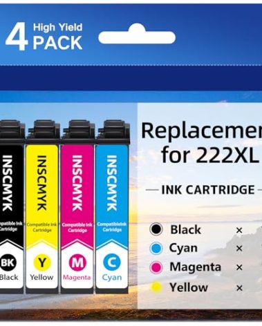 222XL Ink Cartridges Remanufactured for Epson 222XL Ink Cartridges Combo Pack 222 T222 XL for Epson Workforce WF-2960 Expression Home XP-5200 Ink Cartridges Black Cyan Magenta Yellow High Yield