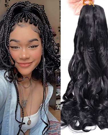 Luoyudu French Curly Braiding Hair 24Inch Loose Wavy 8 Packs #1B Black Bouncy Braiding Hair Extensions 75g/Pack Synthetic French Curl Crochet Hair Extensions(8packs,24Inch)