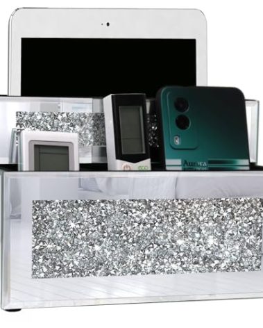 GOTHICO Mirrored Remote Holder, Wall or Tabletop Mounted Crush Diamond Bling Decoration Organizer Storage Caddy for Remote Phone Pad Notebook Makeup Brush,4 Slots in 3 Sizes,9.1"×6.1"×4.8"