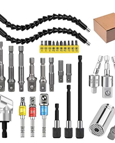 32pcs Flexible Drill Bit Extension Set, Rotatable Joint Socket 1/4 3/8 1/2 Inch Hex Socket Adapter, 105°Right Angle Drill Attachmen, Bendable Drill Bit Extension Screwdriver Kit with a Box (Silvery)