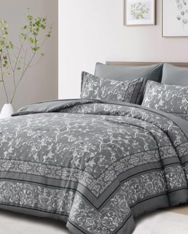 Dobuyly Grey Floral Queen Comforter Set, 7 Piece Bed in a Bag Queen Size Flowers Botanical Bedding Set, Soft Microfiber Bedding Comforter Sets with Sheets for All Season