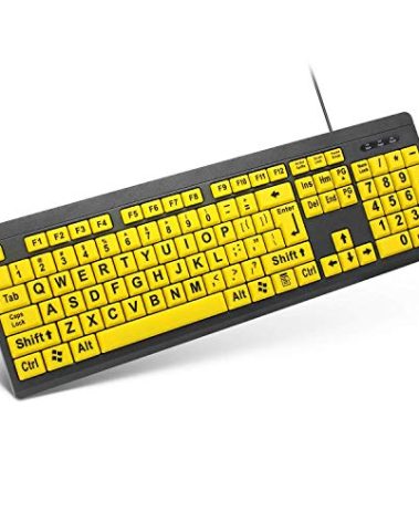 XDL-POWER Large Print Computer Keyboard,Wired USB Keyboard High Contrast Big Print Letter with Yellow Keys High Contrast Yellow Keyboard Makes Type Easy