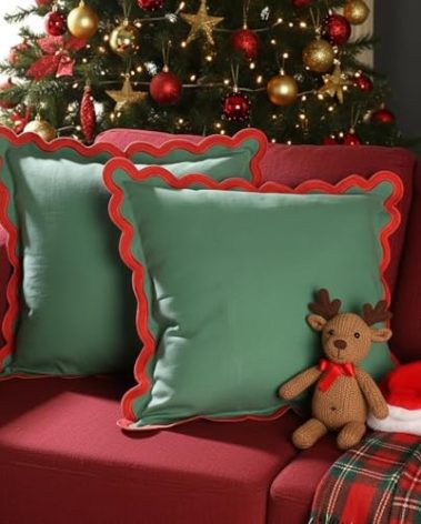 Folkulture Christmas Pillow Covers- Set of 2 (18 x 18) | Xmas Green Scalloped Throw Pillow Covers for Guest Bedroom Decor, Couch,Bed | Boho, Cute Decorative Pillow Cover or Pillow Cases- Mistletoe