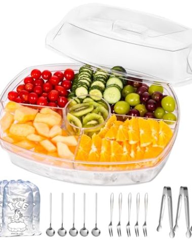 Biubumtu Large Capacity Ice Serving Tray, Fruit Trays for Serving for Party, Chilled Vegetable/Veggie Tray, Shrimp Cocktail Serving Dish- 15 Inch Chilled Party Platter with Lid and 4 Compartments