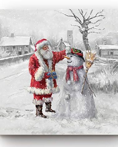 Renditions Gallery Xmas Canvas Paintings for Home Decorations Joyful Santa with Snowman in in Winter Snow Abstract Wall Art for Dining Living Room Kitchen Decor - 24"X24" LT05