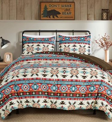 Chezmoi Collection Tona 3-Piece Southwestern Geometric Motif Comforter Set - Multicolor Red Brown Blue Cream Printed Washed Microfiber Bedding, Full