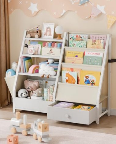 HAVLOTII Kids Bookshelf and Toy Storage - Kids Book Shelf for Rooms, Toddler & Baby Bookcase for Nursery, Montessori Toy Organizer, White