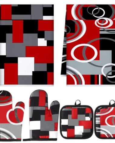 Jingmore 6 Pcs Kitchen Decor Set Accessorie Farmhouse Kitchen Towels Pot Holders Oven Mitts Set 2 Dish Towels 2 Pot Holders 2 Cooking Mittens Oven Glove for Cooking(Red and Black,Geometric)