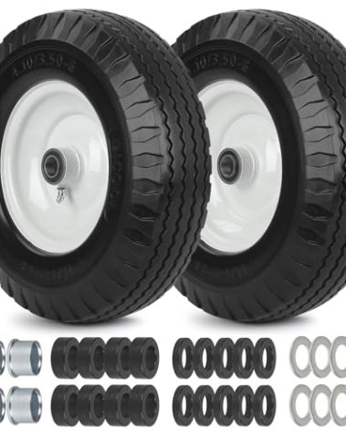 GICOOL 4.10/3.50-6 Flat Free Tire and Wheel, with 3"-3.5''-4.0''-4.5'' Centered Hub, and 3/4" & 5/8" Bearings, Replacement for Wheelbarrow, Hand Truck/All Purpose Utility Tire on Wheel, (2 Pack)