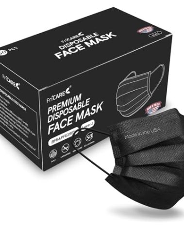 FriCARE Made in USA Disposable Face Masks, 4-Ply ASTM Level 3 Medical Grade, Breathable & Comfortable for Adult Daily Work/Sun Protection, 50 Pack Black
