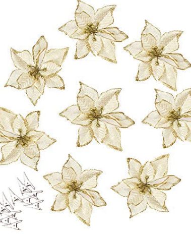 AmaJOY 12pcs Glitter Poinsettia Christmas Tree Ornament Artificial Wedding Christmas Flowers Xmas Tree Wreaths Decor Ornament, 5.5inch, Red and Gold for Choice (Gold)