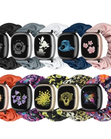 Acortjl 10 PCS Compatible with Fitbit Versa 4/Sense 2/Versa 3/Sense Scrunchie Band, Soft Cute Pattern Printed Fabric Elastic Solo Loop Cloth Scrunchy Replacement Wristband for Women