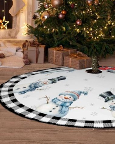 Christmas Tree Skirt 36 Inch Buffalo Plaid Snowman Xmas Tree Skirts with Snowflake Vintage Farmhouse Christmas Decoration for Merry Christmas Holiday Party Indoor Outdoor (Snowman, 36 Inch)