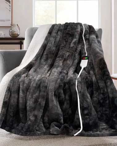 MAXEVE Electric Heated Throw Faux Rabbit Fur Blanket with 8 Heating Levels & 8 Hours Auto Off, Fast Heating Warm Cozy Sherpa Washable Blanket with Over-Heat Protection, ETL Certification, Grey
