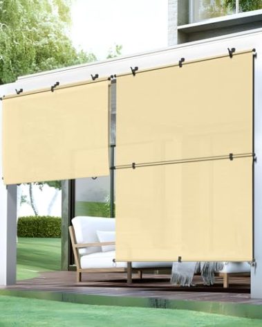 Bynbbur 8'W x 6'H Outdoor Patio Shades Foldable Roller Blinds, 220 GSM Sun Shade Roll Up Porch Screens Exterior Shade Cloth for Deck Pergola Backyard, Beige