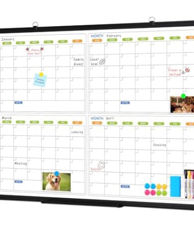 Dry Erase Calendar For Wall 4 Month, WALGLASS 36" x 24" Large Double-sided White Board Calendar, Dry Erase Monthly Planner Board, Black Aluminum Frame Hanging Wall Mounted Board for Office Home School