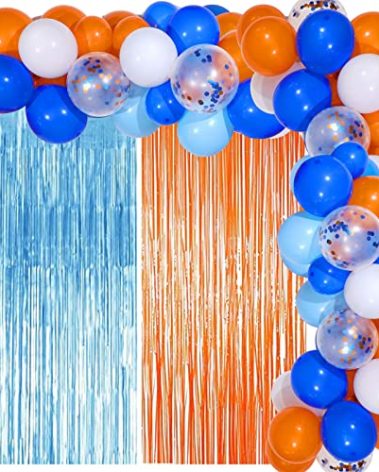 Lewtemi Blue Dog Party Decorations 2 Pcs Birthday Foil Fringe Curtain 63 Pcs Orange Balloons Garland Confetti Balloons for Birthday Anniversary Baby Shower Party(Orange, Light Blue Foil)