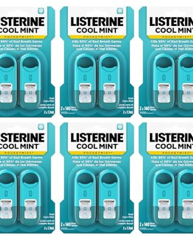 Listerine Cool Mint Pocketmist, Oral Care Mist for Fresh Breath, Non-Aerosol Sugar-Free Bad Breath Refresher Spray to Kill 99% of Bad Breath Germs, Portable, Cool Mint Flavor, 7.7 mL, 12 Sprays