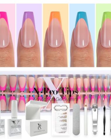 SXC Cosmetics X-Pro Tips French Tip Press On Nails - Bright Pastel Glow in the Dark Series (GLOW120KIT-M Coffin)