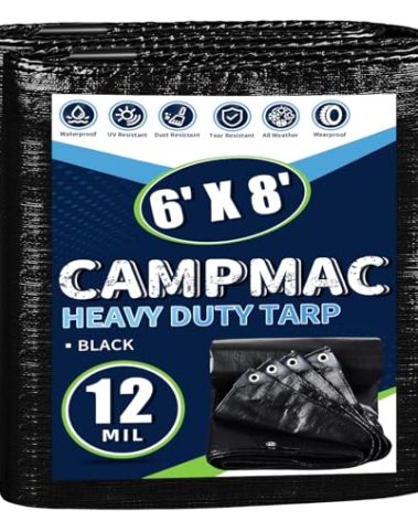 CAMPMAC Black Tarps Heavy Duty Waterproof 6x8, 12 Mil Thick, High Durability, Rip and Tear Resistant with Metal Grommets Every 20 Inches