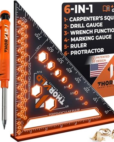 THORVALD 6-in-1 Carpenter Square 7 inch (1/16" Precision) T Square Multi-Purpose Carpenter Tools : Wrench, Square, Protractor, Ruler, Marking Gauge, Drill Gauge, Includes 2-in-1 Carpentry Pencil