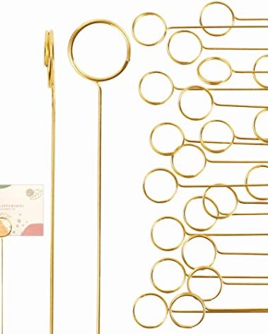 40Pcs Floral Card Holder Picks, Floral Picks Picture Holders, Photo Memo Holder Pick Stick, Metal Floral Place Card Holder，Gold Round Photo Stick Clip, Gift Card Holder for Wedding and Party